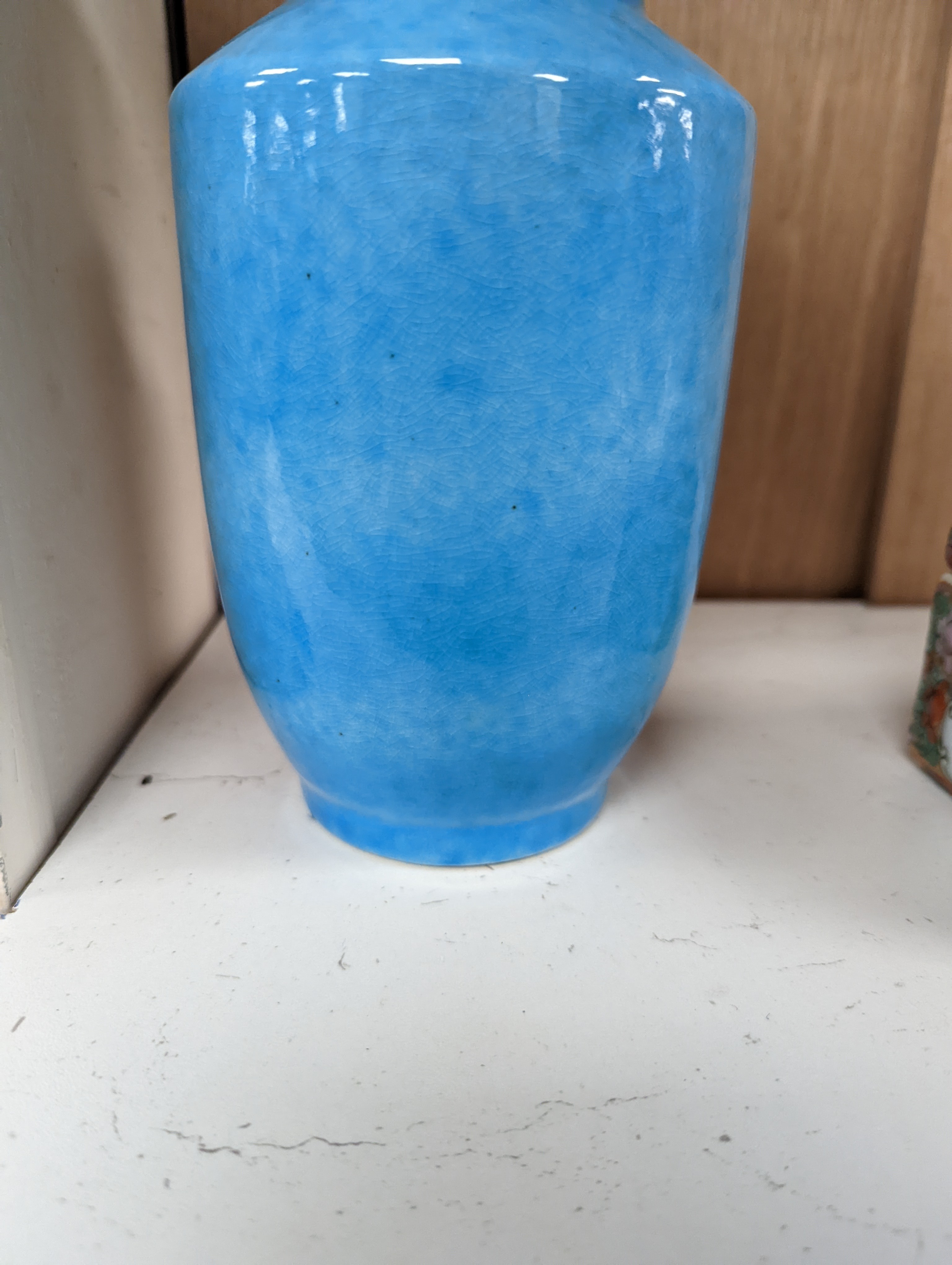 A Chinese turquoise glazed vase 22cm, with a fine crackle to the exterior glaze